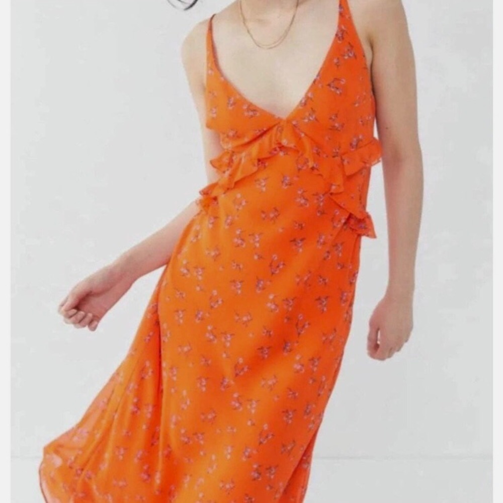 URBAN OUTFITTERS Floral Ruffle Chiffon Slip Maxi Dress S Orange